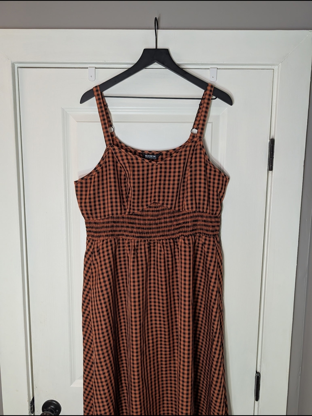BloomChic Brown and Black Gingham Smocked Midi Dress - Picture 2 of 5